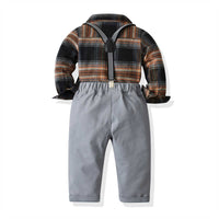 Load image into Gallery viewer, 2 Pieces Set Baby Kid Boys Checked Bow Shirts And Solid Color Jumpsuits Wholesale 211109467
