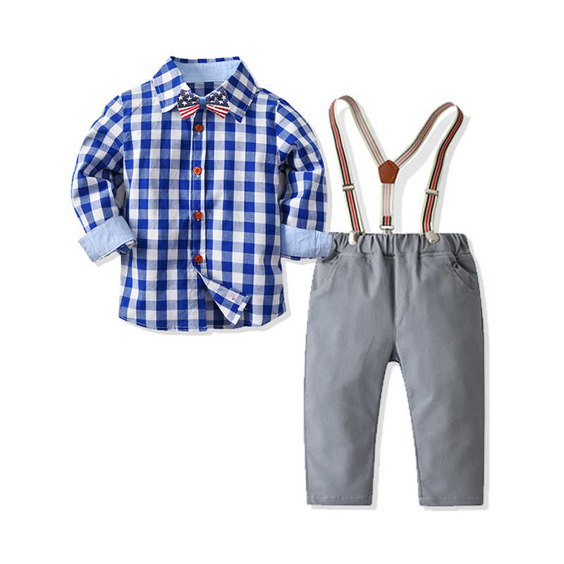 2 Pieces Set Baby Kid Boys Birthday Party Checked Bow Shirts And Solid Color Jumpsuits Wholesale 211109471