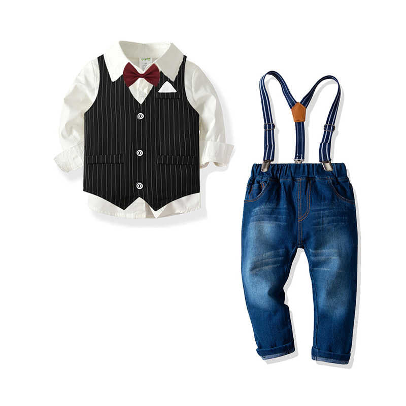 3 Pieces Set Baby Kid Boys Birthday Party Bow Shirts Striped Vests Waistcoats And Solid Color Jumpsuits Wholesale 211109472