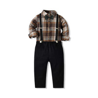 Load image into Gallery viewer, 2 Pieces Set Baby Kid Boys Birthday Party Checked Bow Shirts And Solid Color Jumpsuits Wholesale 211109476
