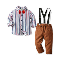 Load image into Gallery viewer, 2 Pieces Set Baby Kid Boys Birthday Party Striped Bow Shirts And Solid Color Jumpsuits Wholesale 211109477
