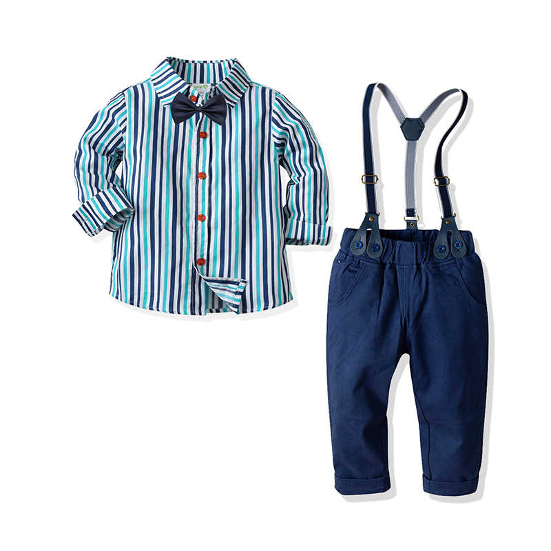 2 Pieces Set Baby Kid Boys Birthday Party Striped Bow Shirts And Solid Color Jumpsuits Wholesale 211109478
