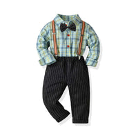 Load image into Gallery viewer, 2 Pieces Set Baby Kid Boys Birthday Party Checked Bow Shirts And Striped Jumpsuits Wholesale 211109482
