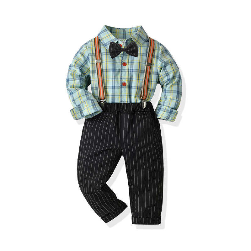 2 Pieces Set Baby Kid Boys Birthday Party Checked Bow Shirts And Striped Jumpsuits Wholesale 211109482