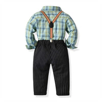Load image into Gallery viewer, 2 Pieces Set Baby Kid Boys Birthday Party Checked Bow Shirts And Striped Jumpsuits Wholesale 211109482
