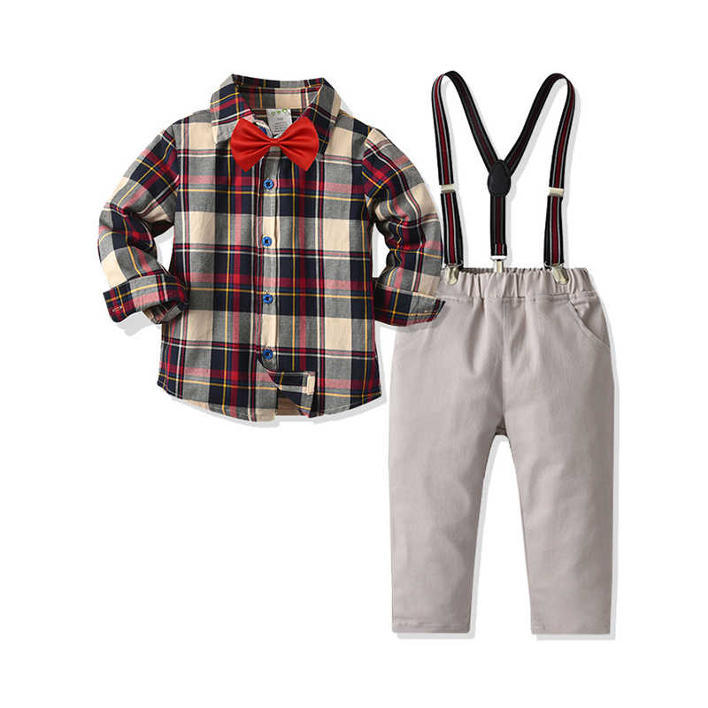 2 Pieces Set Baby Kid Boys Birthday Party Checked Bow Shirts And Solid Color Pants Wholesale 211109486