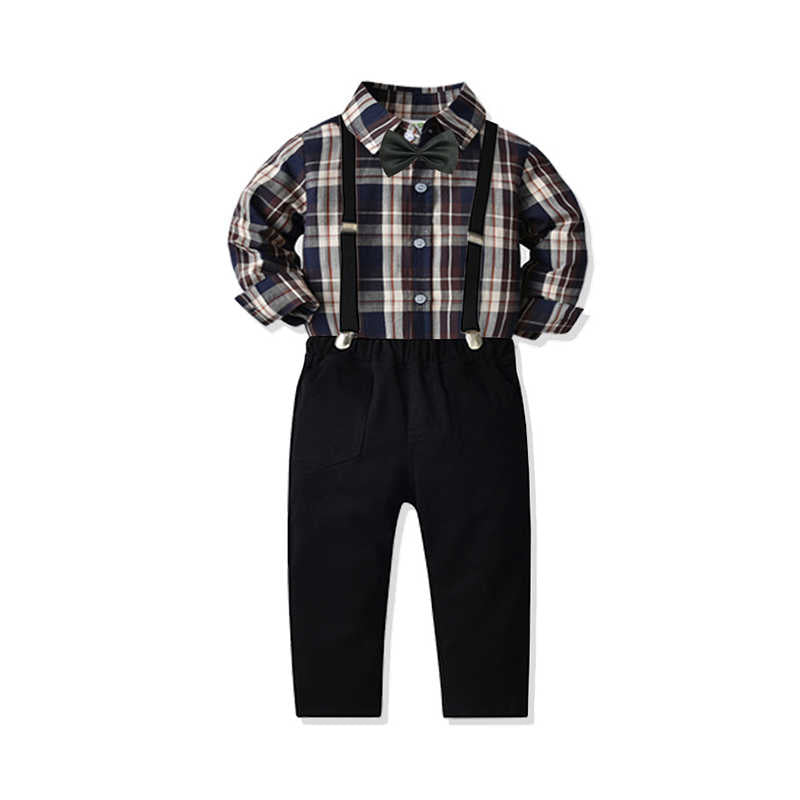 2 Pieces Set Baby Kid Boys Birthday Party Checked Bow Shirts And Solid Color Jumpsuits Wholesale 211109488