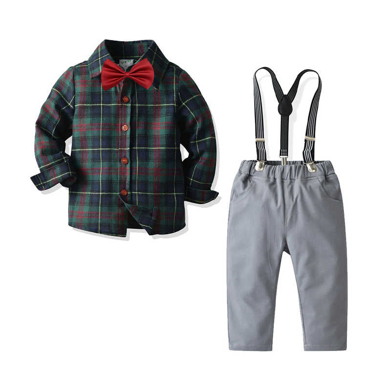 2 Pieces Set Baby Kid Boys Birthday Party Checked Bow Shirts And Solid Color Jumpsuits Wholesale 211109489