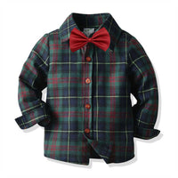 Load image into Gallery viewer, 2 Pieces Set Baby Kid Boys Birthday Party Checked Bow Shirts And Solid Color Jumpsuits Wholesale 211109489
