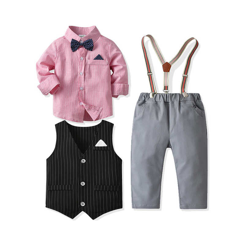 3 Pieces Set Baby Kid Boys Bow Shirts Striped Vests Waistcoats And Solid Color Jumpsuits Wholesale 211109493