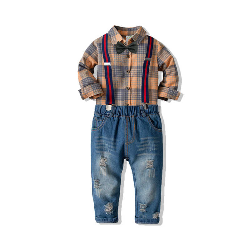 2 Pieces Set Baby Kid Boys Birthday Party Checked Bow Shirts And Ripped Jumpsuits Wholesale 211109494