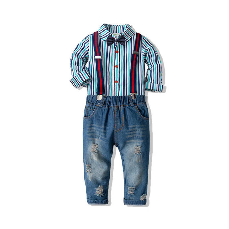 2 Pieces Set Baby Kid Boys Striped Bow Shirts And Ripped Jumpsuits Wholesale 211109495