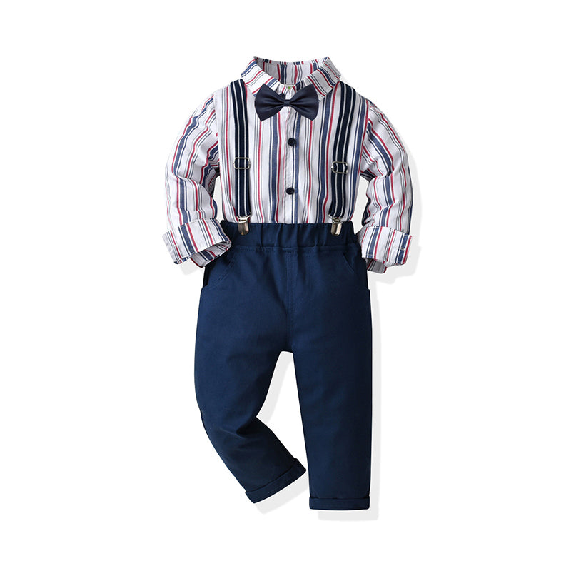2 Pieces Set Baby Kid Boys Birthday Party Striped Bow Shirts And Solid Color Jumpsuits Wholesale 21110950