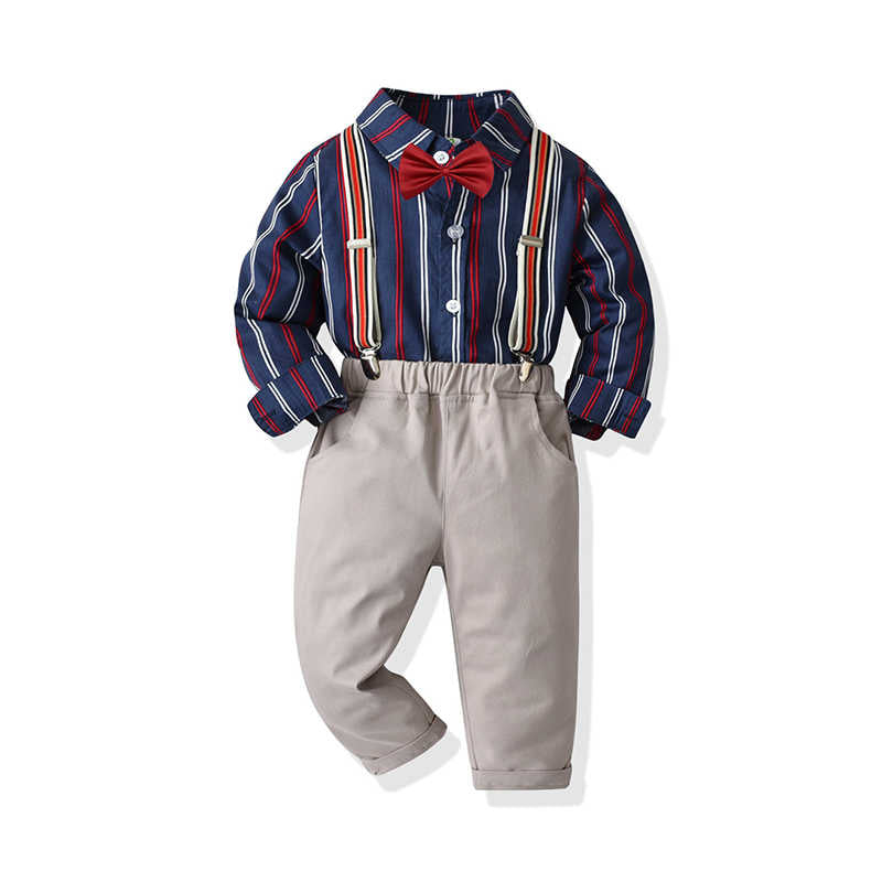 2 Pieces Set Baby Kid Boys Birthday Party Striped Bow Shirts And Solid Color Jumpsuits Wholesale 211109501