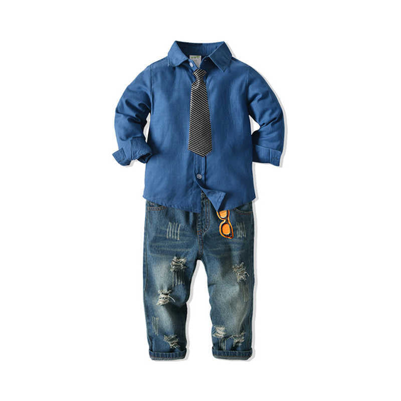 2 Pieces Set Baby Kid Boys Dressy Birthday Party Solid Color Striped Bow Shirts And Ripped Jeans Wholesale 211109506