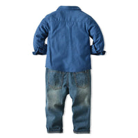 Load image into Gallery viewer, 2 Pieces Set Baby Kid Boys Dressy Birthday Party Solid Color Striped Bow Shirts And Ripped Jeans Wholesale 211109506
