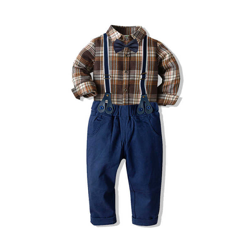 2 Pieces Set Baby Kid Boys Dressy Birthday Party Checked Bow Shirts And Solid Color Jumpsuits Wholesale 211109507