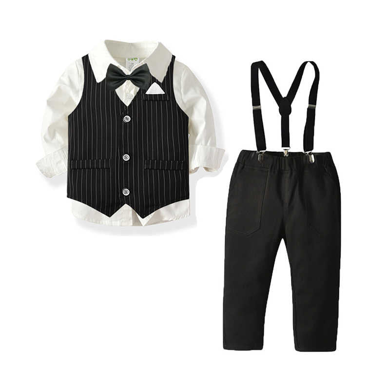 3 Pieces Set Baby Kid Boys Dressy Birthday Party Solid Color Bow Shirts And Striped Vests Waistcoats And Jumpsuits Wholesale 211109515