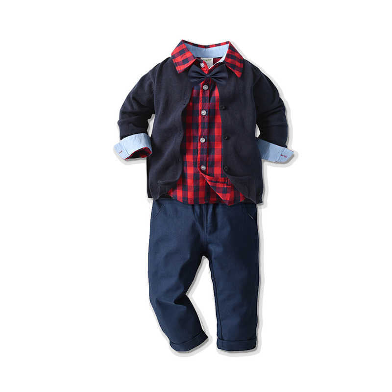 3 Pieces Set Baby Kid Boys Dressy Birthday Party Checked Bow Shirts And Solid Color Cardigan And Pants Wholesale 211109517