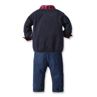 Load image into Gallery viewer, 3 Pieces Set Baby Kid Boys Dressy Birthday Party Checked Bow Shirts And Solid Color Cardigan And Pants Wholesale 211109517
