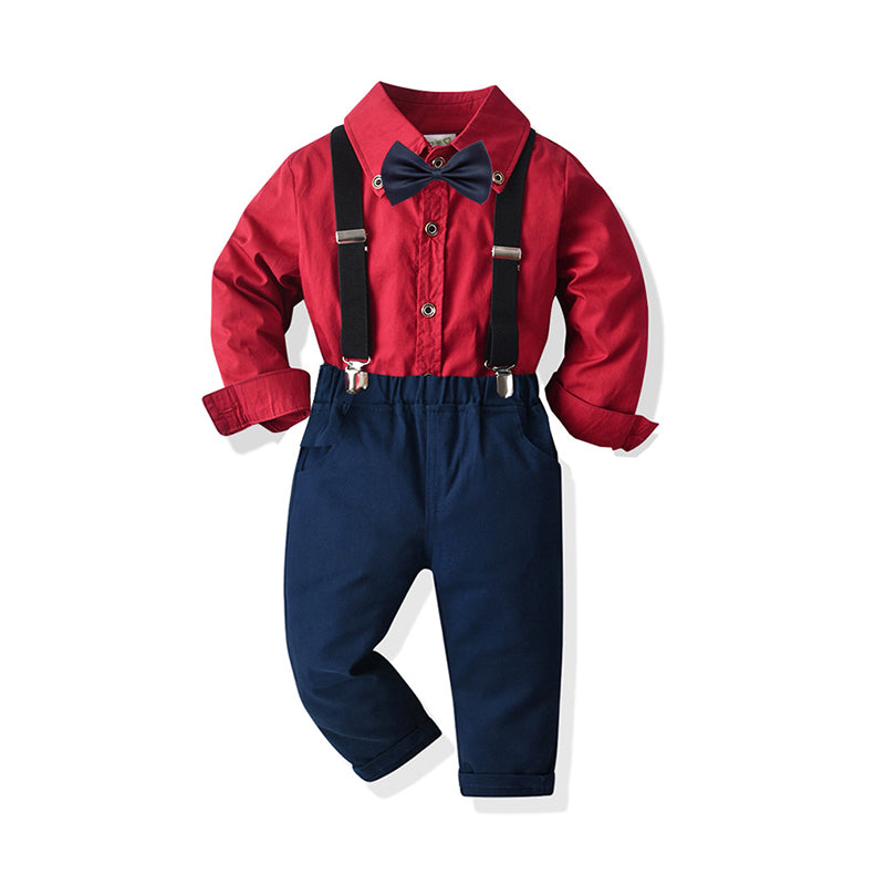2 Pieces Set Baby Kid Boys Birthday Party Solid Color Bow Shirts And Jumpsuits Wholesale 21110952