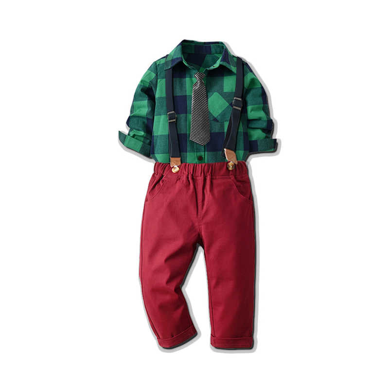 2 Pieces Set Baby Boys Dressy Birthday Party Checked Bow Shirts And Solid Color Jumpsuits Wholesale 211109523