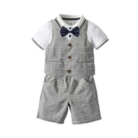 Load image into Gallery viewer, 3 Pieces Set Baby Kid Boys Dressy Birthday Party Solid Color Bow Polo Shirts And Checked Vests Waistcoats And Shorts Wholesale 211109524
