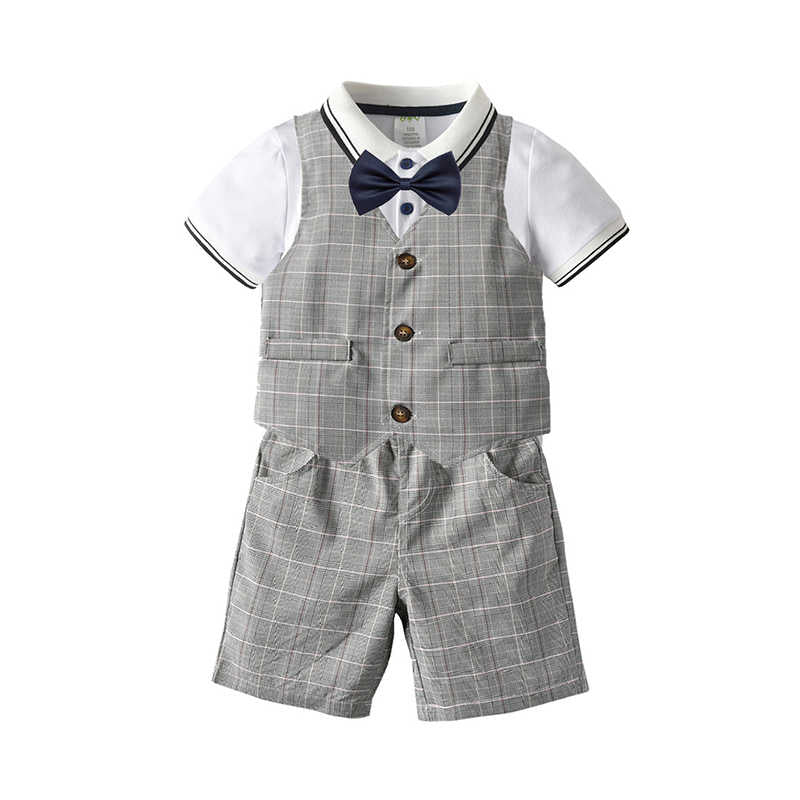 3 Pieces Set Baby Kid Boys Dressy Birthday Party Solid Color Bow Polo Shirts And Checked Vests Waistcoats And Shorts Wholesale 211109524