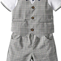 Load image into Gallery viewer, 3 Pieces Set Baby Kid Boys Dressy Birthday Party Solid Color Bow Polo Shirts And Checked Vests Waistcoats And Shorts Wholesale 211109524
