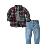 Load image into Gallery viewer, 2 Pieces Set Baby Kid Boys Dressy Birthday Party Striped Checked Bow Shirts And Jeans Wholesale 211109527
