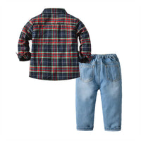 Load image into Gallery viewer, 2 Pieces Set Baby Kid Boys Dressy Birthday Party Striped Checked Bow Shirts And Jeans Wholesale 211109527

