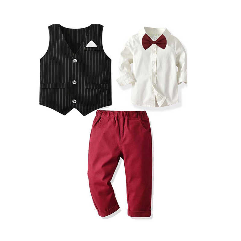3 Pieces Set Baby Kid Boys Dressy Birthday Party Striped Vests Waistcoats And Solid Color Bow Shirts And Pants Wholesale 211109528