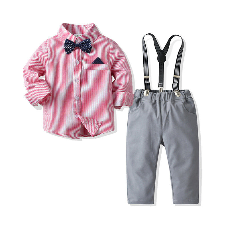 2 Pieces Set Baby Kid Boys Birthday Party Striped Polka dots Bow Shirts And Solid Color Jumpsuits Wholesale 21110953