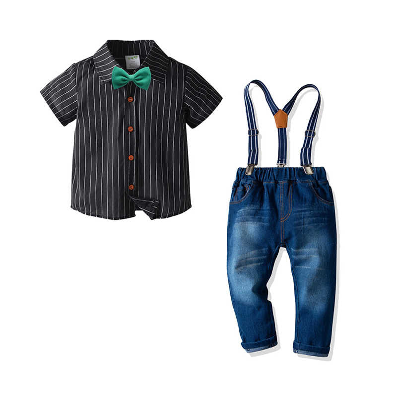 2 Pieces Set Baby Kid Boys Dressy Birthday Party Striped Bow Shirts And Solid Color Jeans Wholesale 211109543