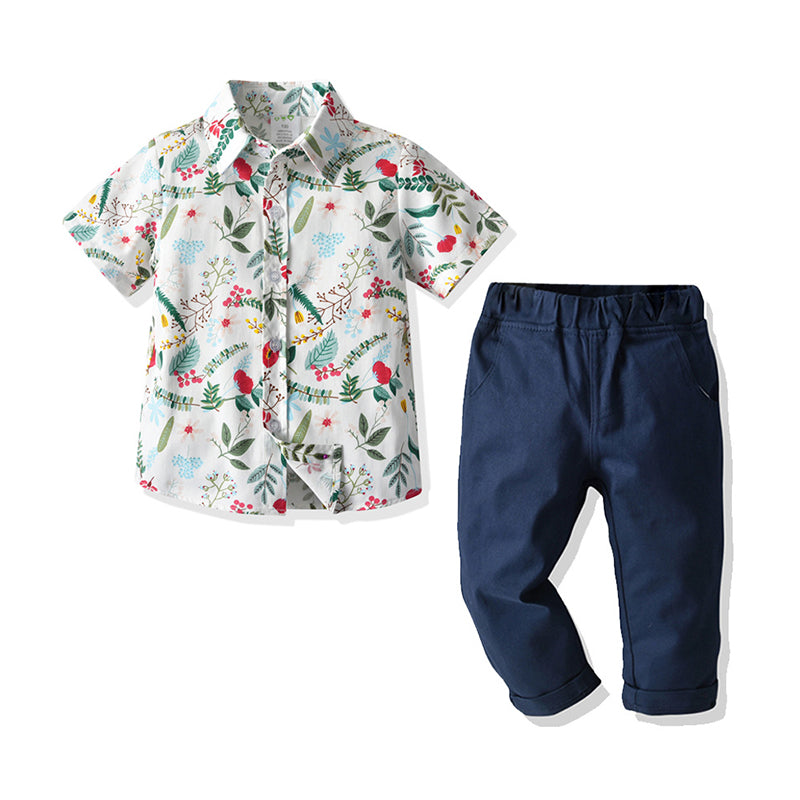 2 Pieces Set Baby Kid Boys Plant Print Shirts And Solid Color Pants Wholesale 211109557