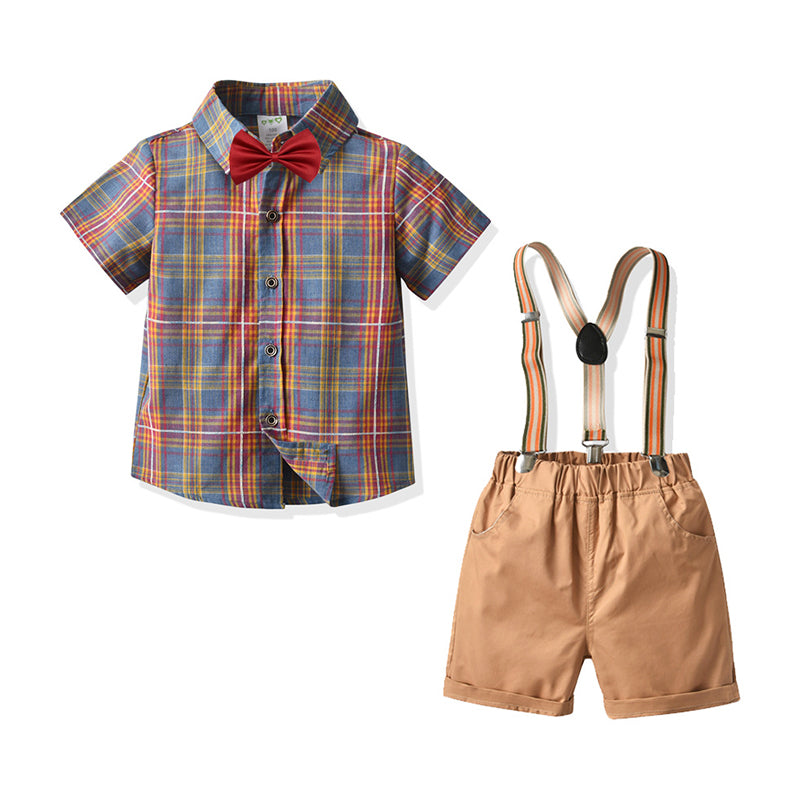 2 Pieces Set Baby Kid Boys Checked Bow Shirts And Solid Color Shorts Wholesale 211109564
