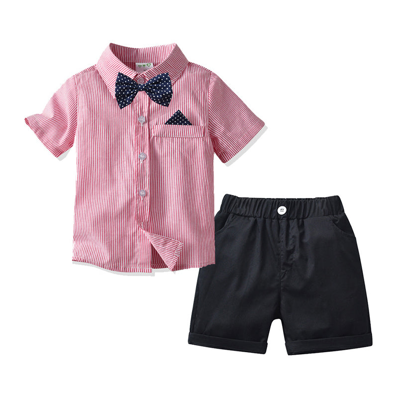 2 Pieces Set Baby Kid Boys Striped Bow Shirts And Solid Color Shorts Wholesale 211109588