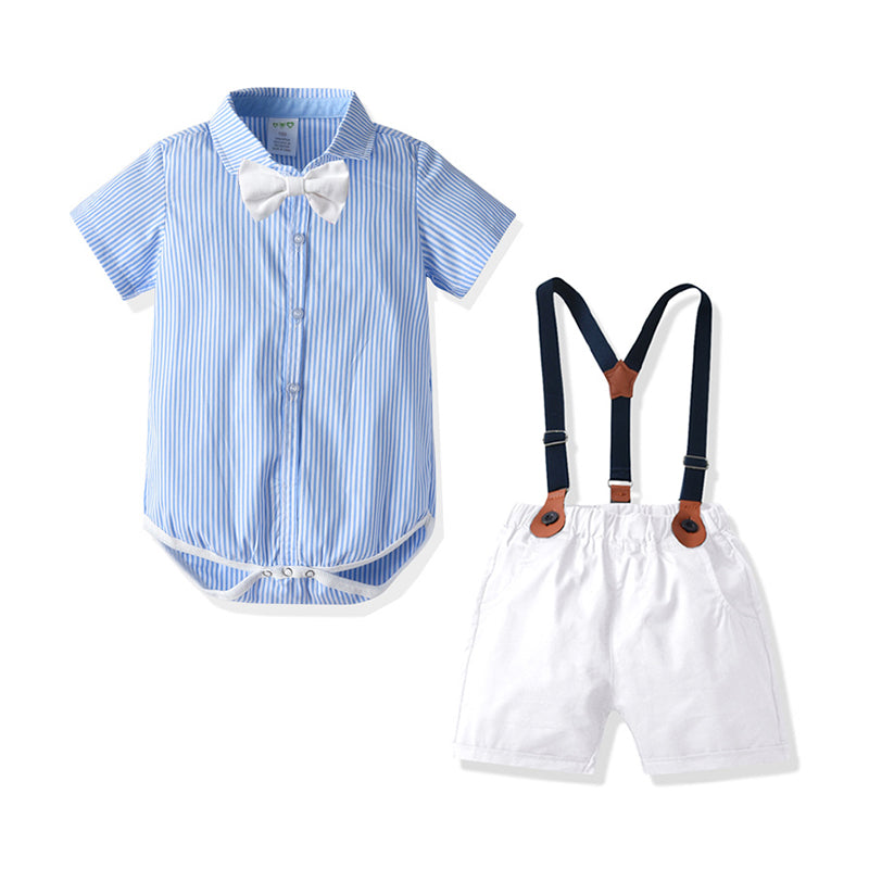 2 Pieces Set Baby Kid Boys Striped Bow Rompers Solid Color Shorts Wholesale 211109592