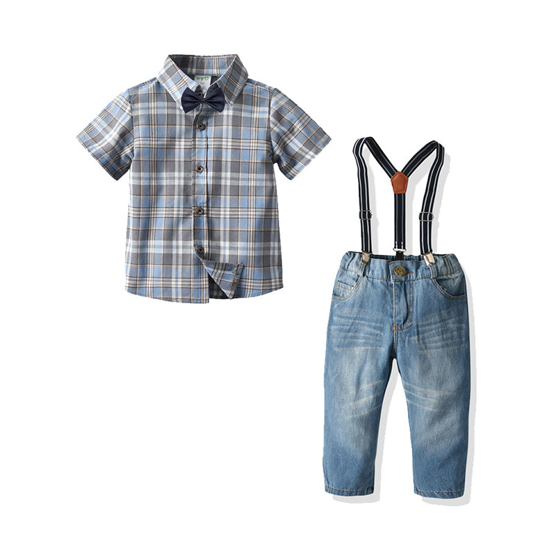 2 Pieces Set Baby Kid Boys Checked Bow Shirts And Solid Color Jeans Wholesale 211109596