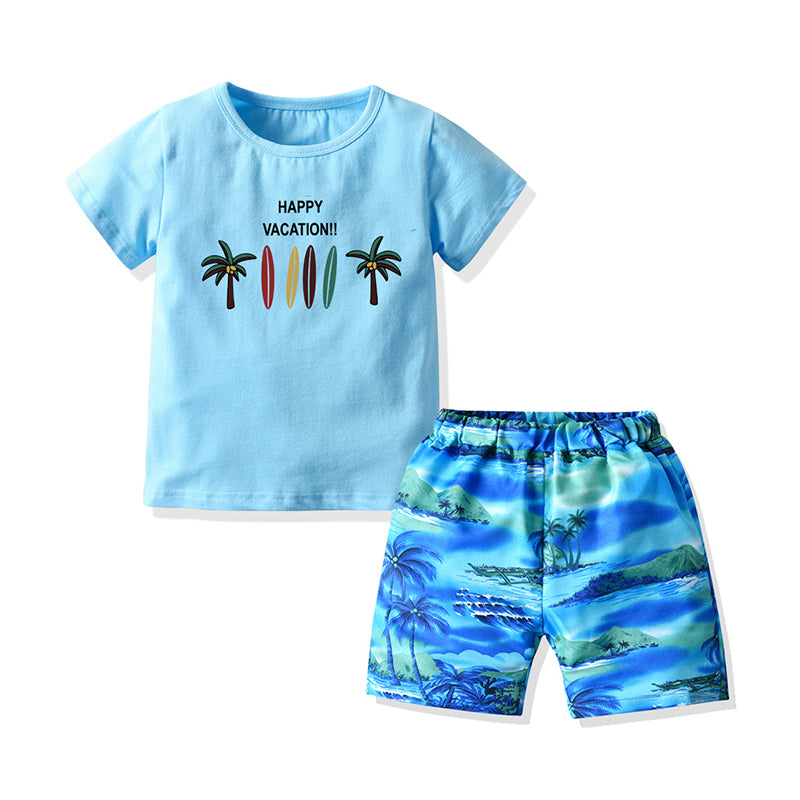 2 Pieces Set Baby Kid Boys Beach Letters Plant Print T-Shirts And Checked Shorts Wholesale 211109609