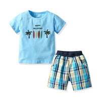 Load image into Gallery viewer, 2 Pieces Set Baby Kid Boys Beach Letters Plant Print T-Shirts And Checked Shorts Wholesale 211109609
