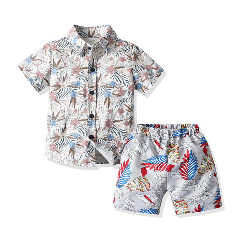 2 Pieces Set Baby Kid Boys Flower Print Shirts And Plant Shorts Wholesale 211109611