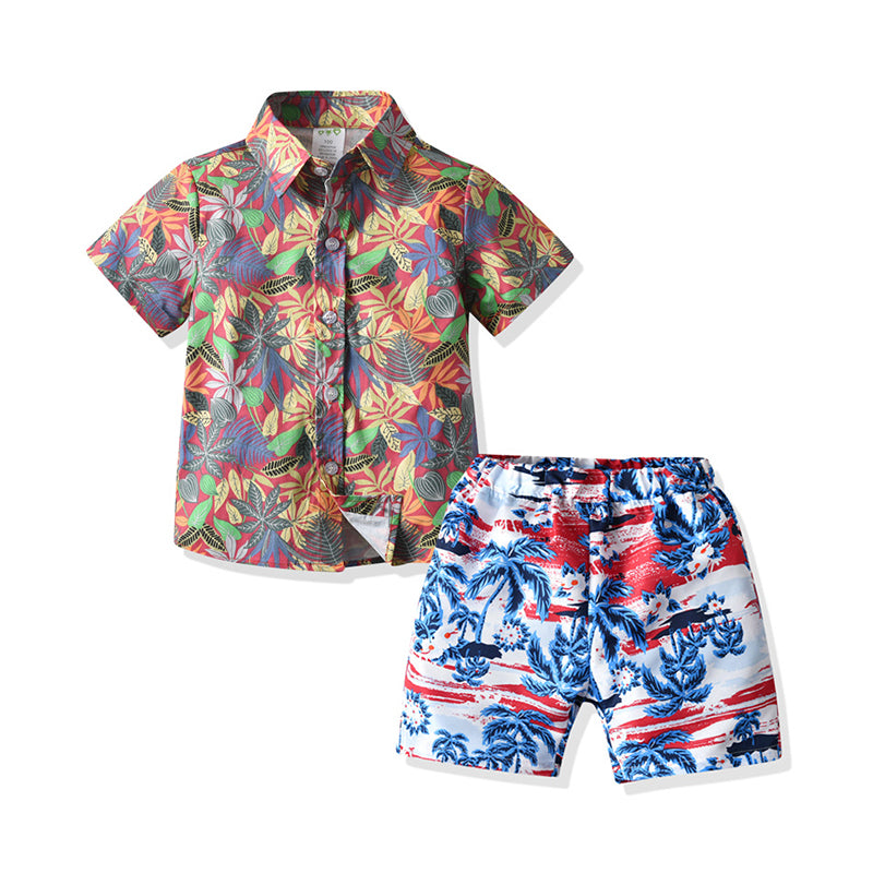 2 Pieces Set Baby Kid Boys Plant Print Shirts And Graphic Shorts Wholesale 211109612