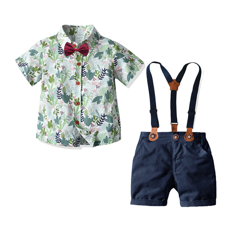 2 Pieces Set Baby Kid Boys Dressy Checked Plant Bow Print Shirts And Shorts Suits Wholesale 211109622