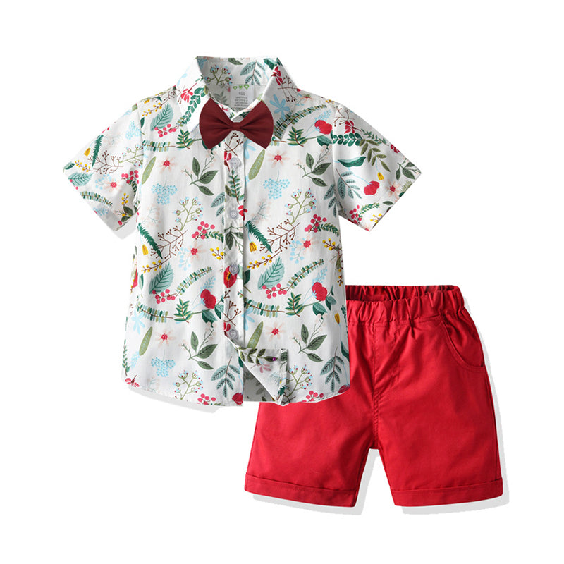 2 Pieces Set Baby Kid Boys Dressy Flower Plant Bow Print Shirts And Shorts Suits Wholesale 211109627