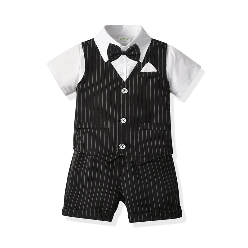 3 Pieces Set Baby Kid Boys Dressy Bow Vests Waistcoats Shirts And Striped Shorts Suits Wholesale 211109647
