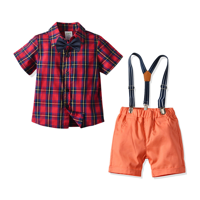 2 Pieces Set Baby Kid Boys Dressy Birthday Party Checked Bow Shirts And Solid Color Shorts Wholesale 211109650