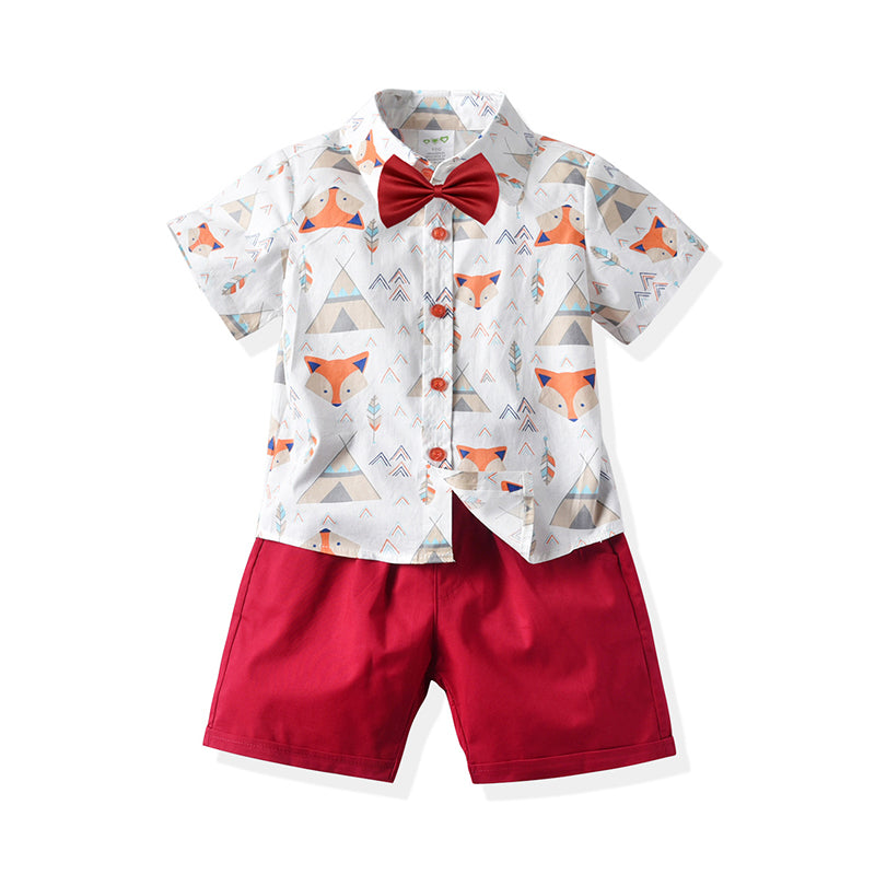 2 Pieces Set Baby Kid Boys Dressy Birthday Party Animals Bow Print Shirts And Solid Color Shorts Wholesale 211109657