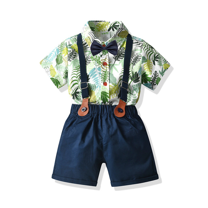 2 Pieces Set Baby Kid Boys Birthday Party Plant Bow Print Shirts And Solid Color Rompers Wholesale 21110966