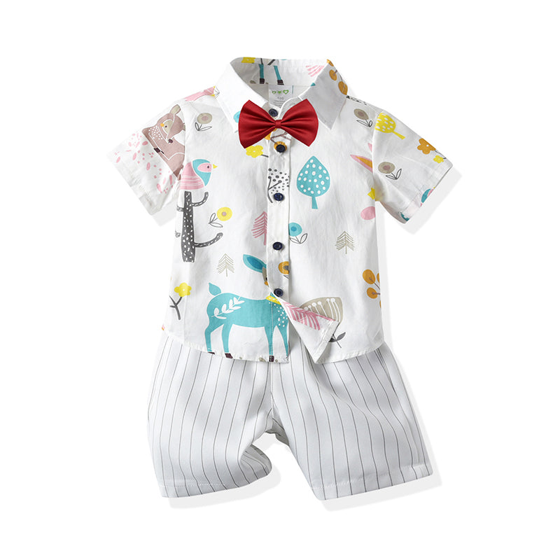 2 Pieces Set Baby Kid Boys Dressy Birthday Party Animals Bow Print Shirts And Striped Shorts Wholesale 211109664